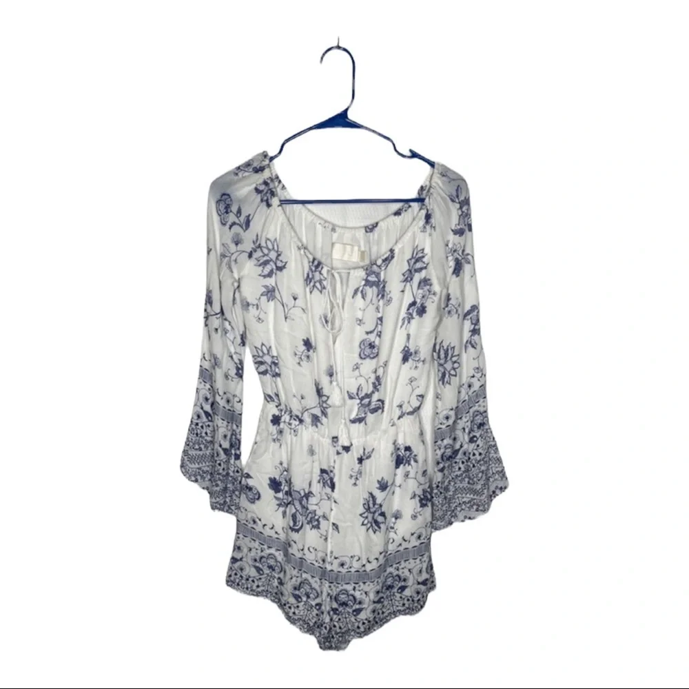 Jetset Diaries Blue White Floral Off Shoulder Boho Romper XS